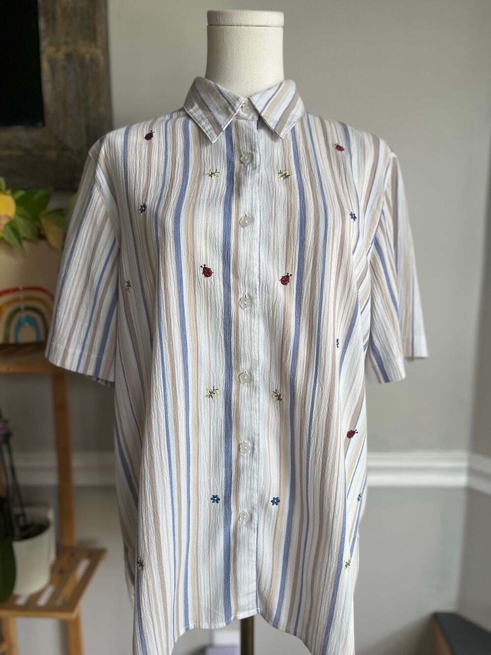Vintage 90s Striped Blouse Button Front Short Sleeve Embroidered Size Large